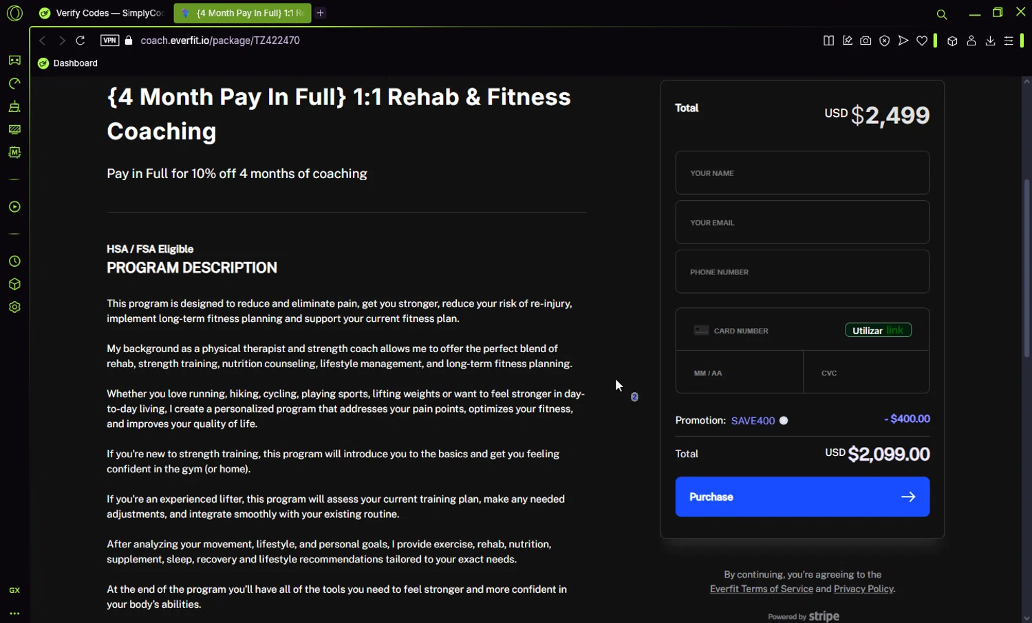 Everfit Software checkout page showing Everfit Software promo code box | Screenshot taken by SimplyCodes community member on Mar 4, 2025