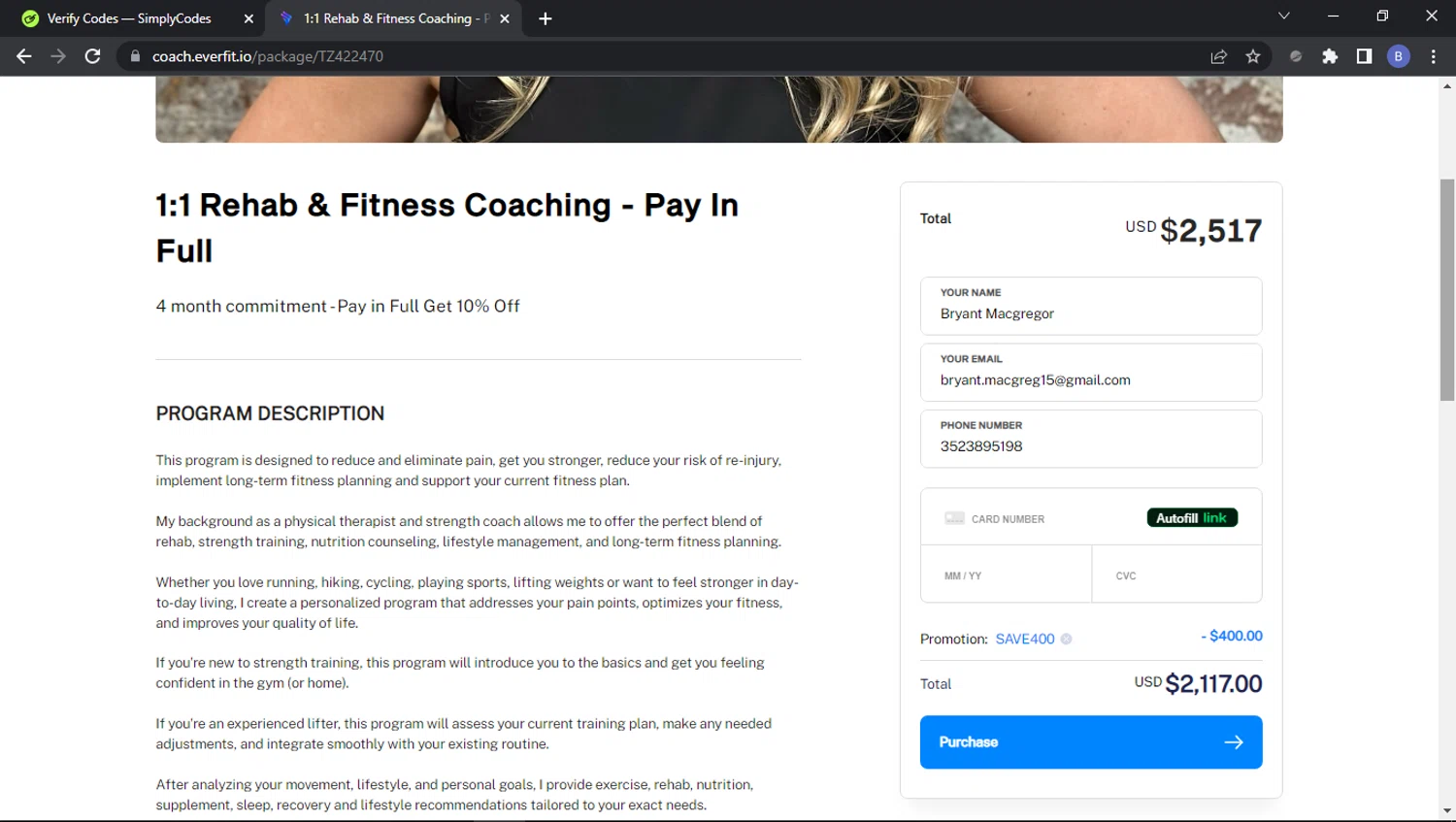 Everfit Software checkout page showing Everfit Software promo code box | Screenshot taken by SimplyCodes community member on Feb 3, 2025