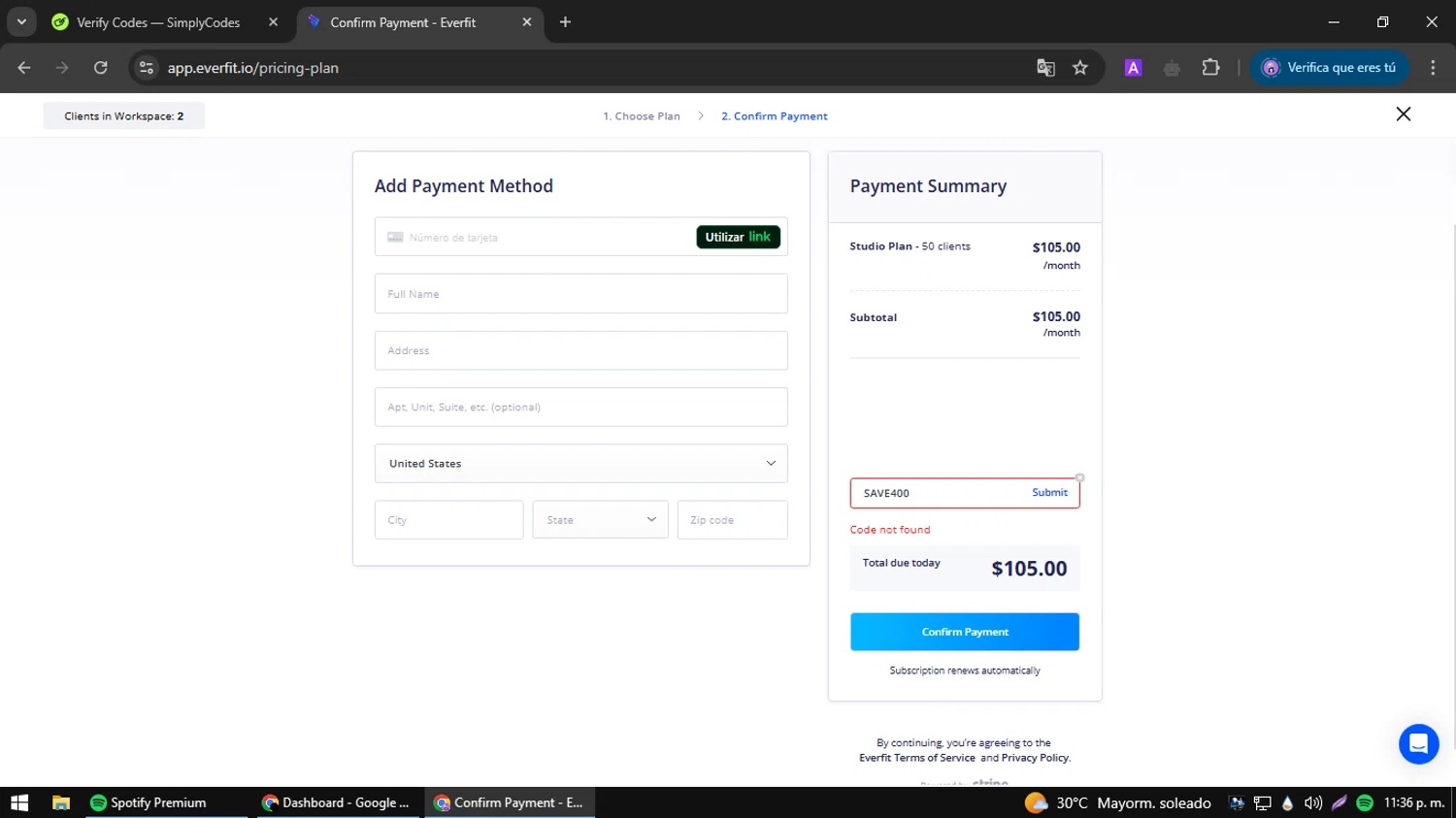 Everfit Software promo code screenshot showing code SAVE400 applied at Everfit Software checkout page. Uploaded by SimplyCodes community member jesusguqnipatwo on Apr 11, 2025