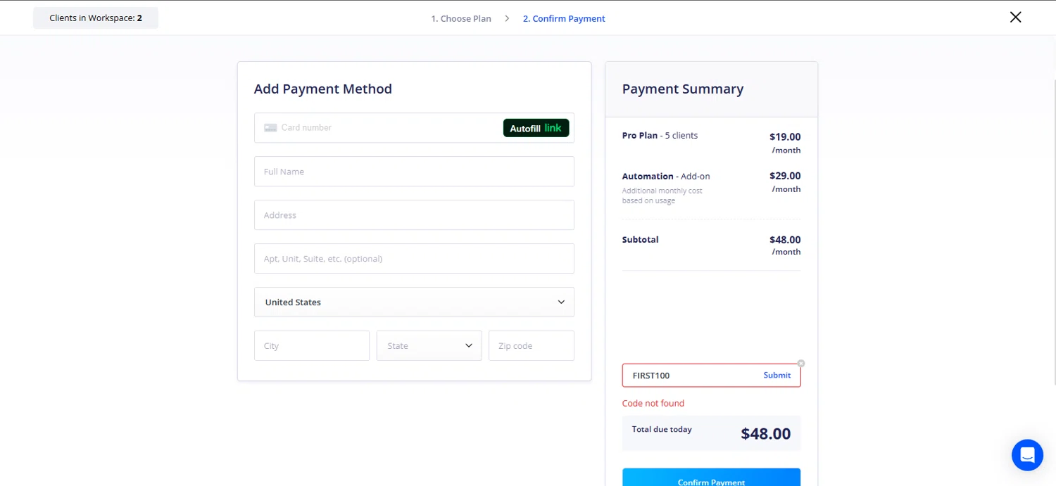Everfit Software promo code screenshot showing code FIRST100 applied at Everfit Software checkout page. Uploaded by SimplyCodes community member rapiddeals on Apr 30, 2025