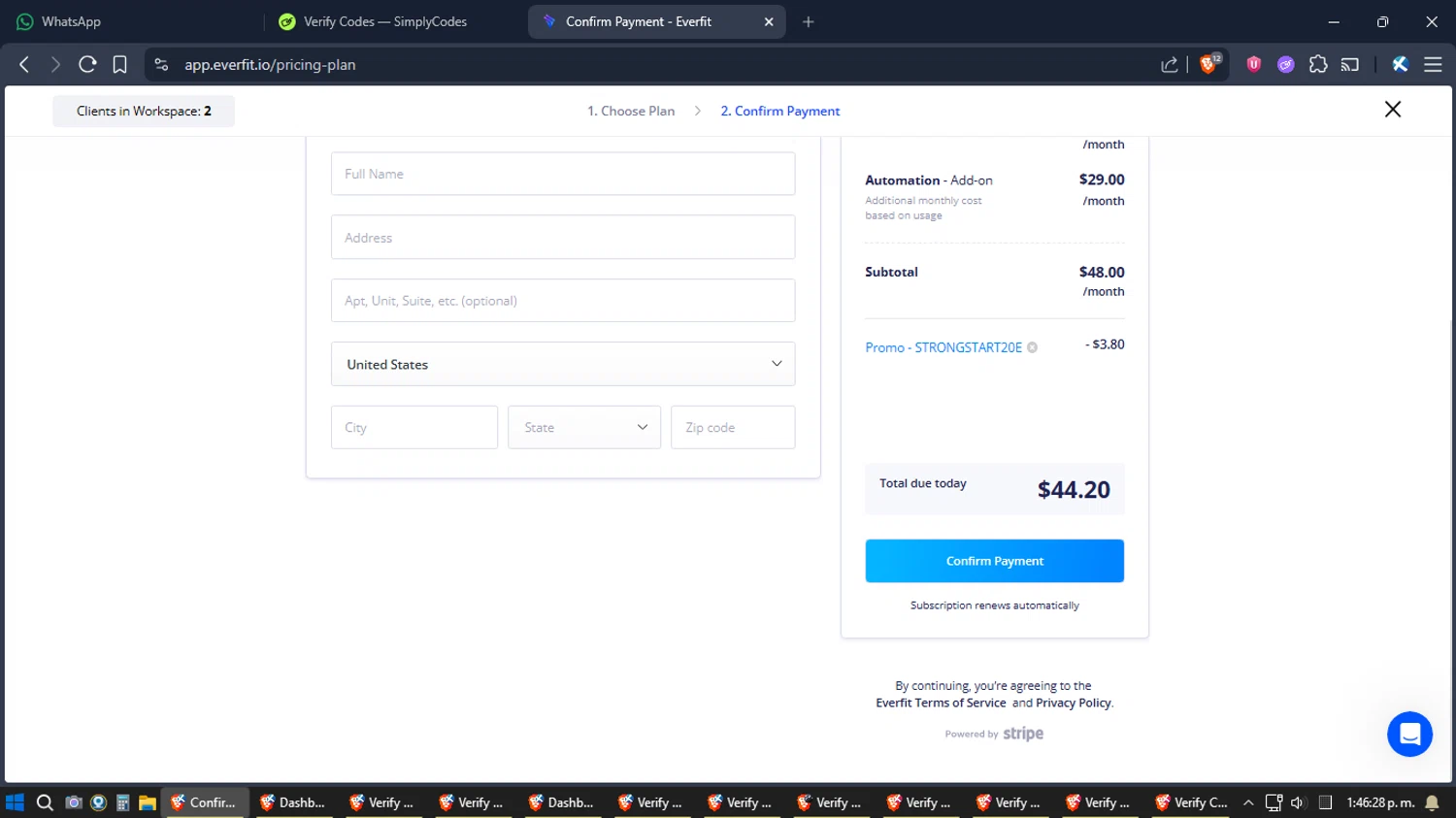 Everfit Software promo code screenshot showing code STRONGSTART20E applied at Everfit Software checkout page. Uploaded by SimplyCodes community member SimplyGOAT on Dec 24, 2025