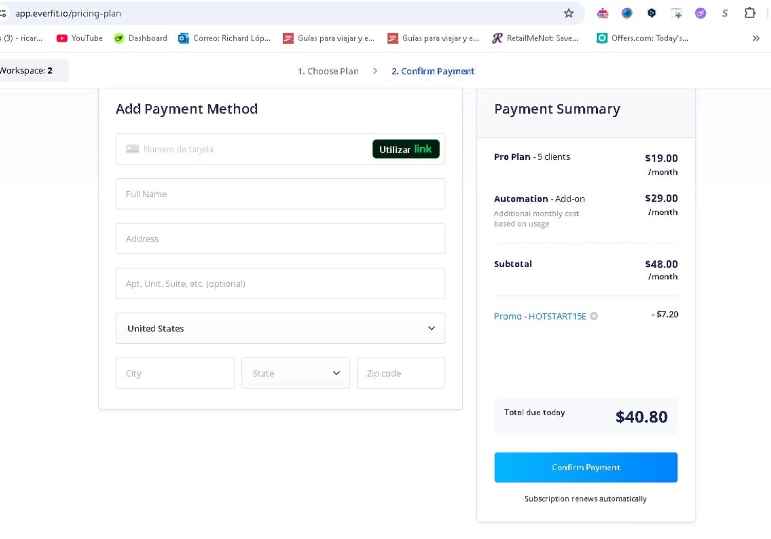 Everfit Software promo code screenshot showing code HOTSTART15E applied at Everfit Software checkout page. Uploaded by SimplyCodes community member LAMINEJAMAL on May 23, 2025