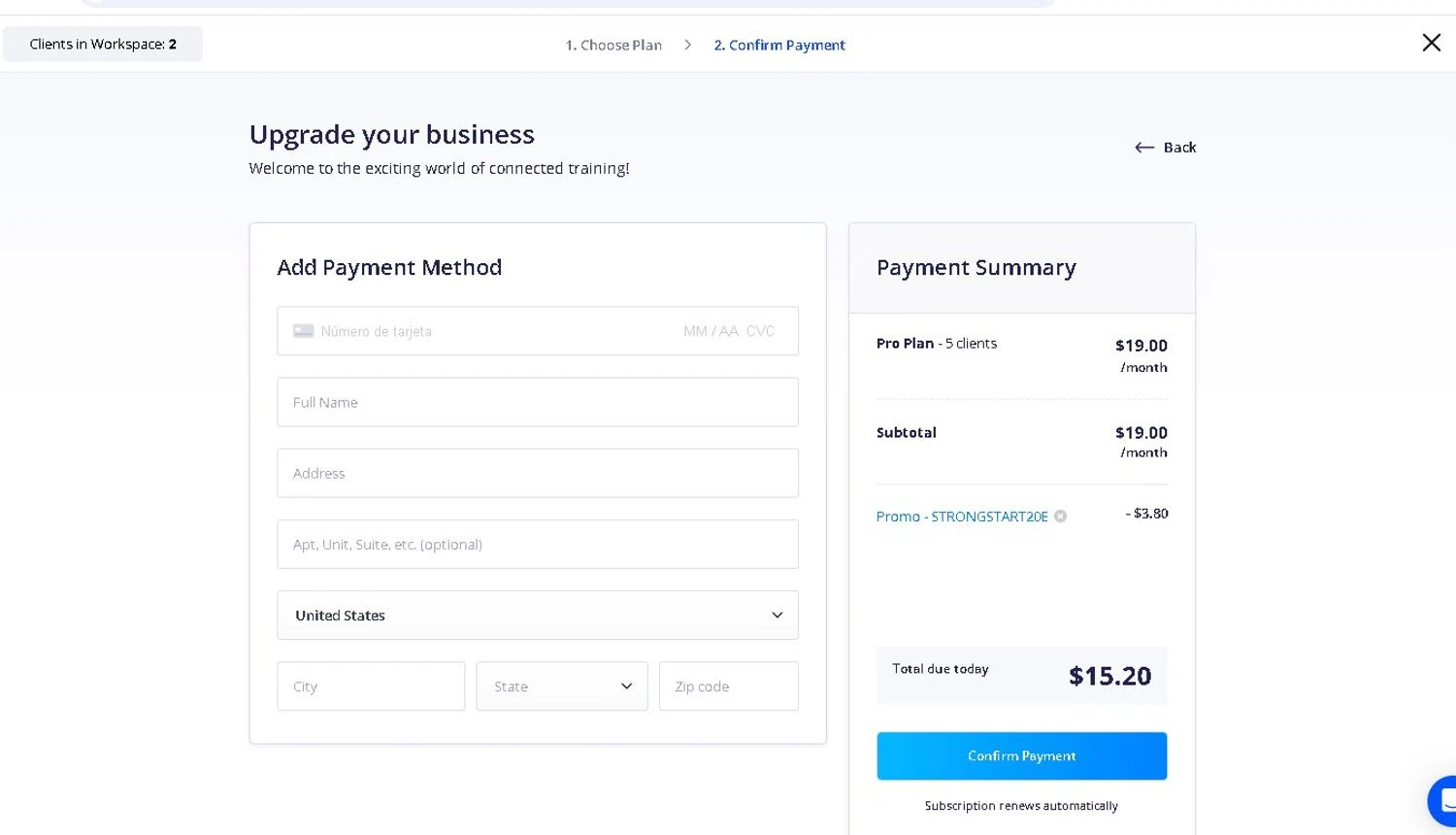 Everfit Software promo code screenshot showing code STRONGSTART20E applied at Everfit Software checkout page. Uploaded by SimplyCodes community member LAMINEJAMAL on Dec 24, 2025