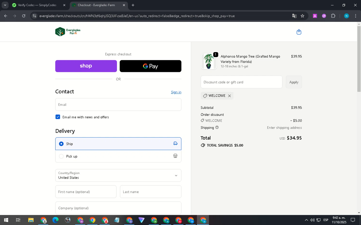 Everglades Farm discount code screenshot showing code WELCOME applied at Everglades Farm checkout page. Uploaded by SimplyCodes community member DiscountGenius5394 on Oct 11, 2025