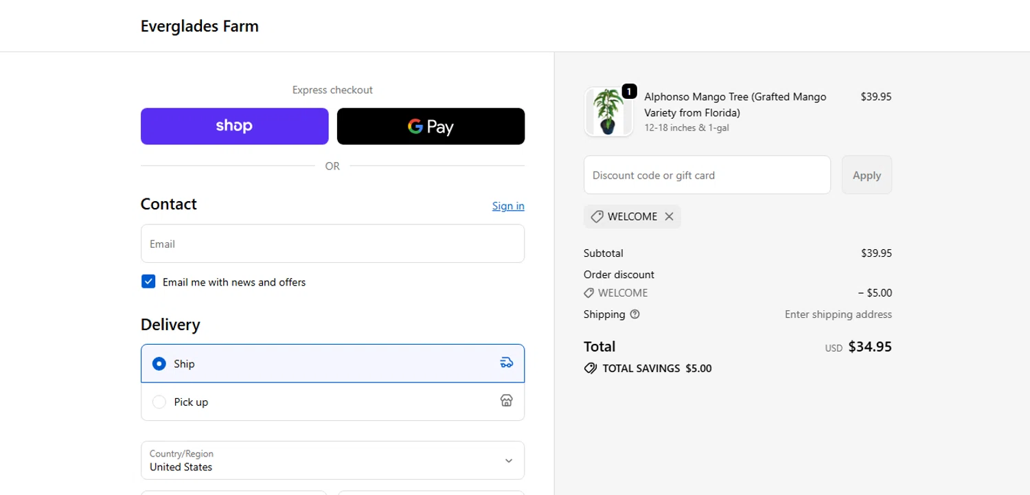 Everglades Farm discount code screenshot showing code WELCOME applied at Everglades Farm checkout page. Uploaded by SimplyCodes community member MagnificentCurator5441 on Oct 7, 2025
