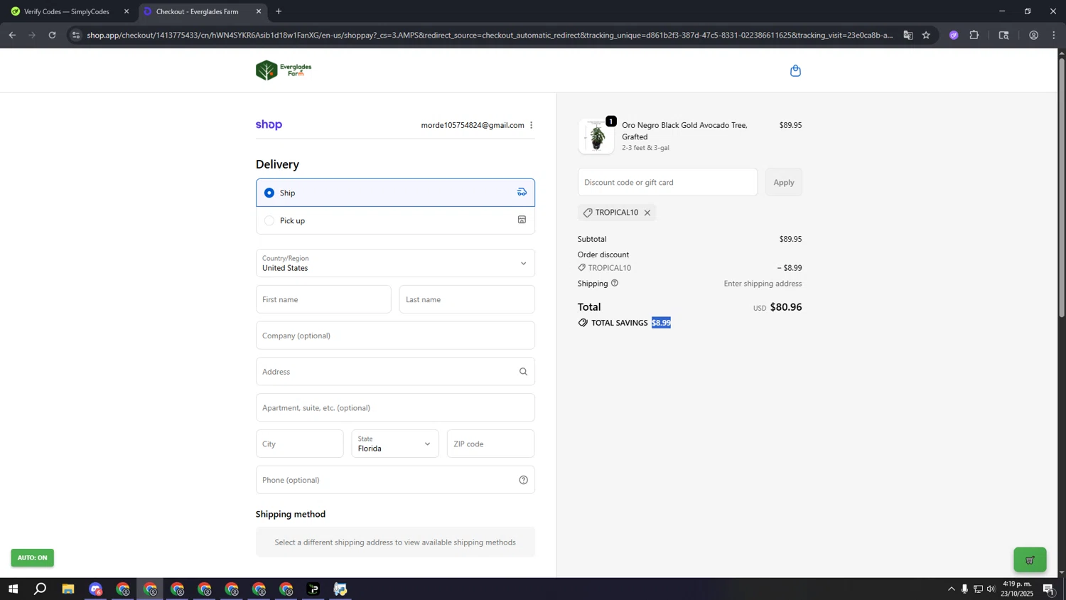 Everglades Farm discount code screenshot showing code TROPICAL10 applied at Everglades Farm checkout page. Uploaded by SimplyCodes community member aaaaaaaaaaaaaaaa on Oct 23, 2025