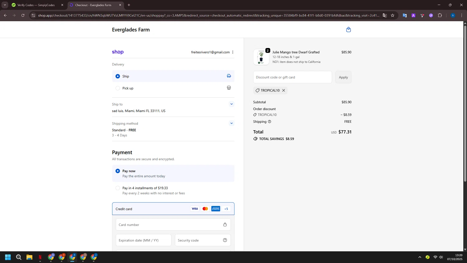 Everglades Farm discount code screenshot showing code TROPICAL10 applied at Everglades Farm checkout page. Uploaded by SimplyCodes community member ExtraordinarySleuth4345 on Oct 7, 2025