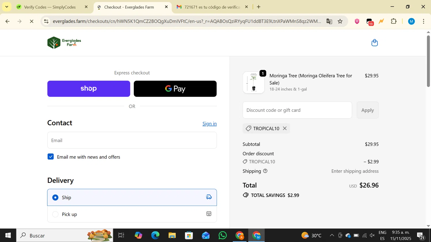 Everglades Farm discount code screenshot showing code TROPICAL10 applied at Everglades Farm checkout page. Uploaded by SimplyCodes community member LegendaryAce4371 on Nov 15, 2025