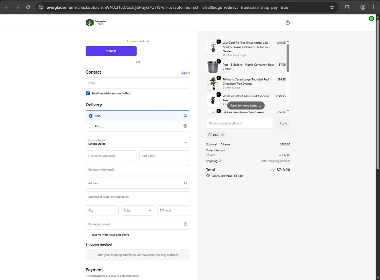 Everglades Farm discount code screenshot showing code 4620 applied at Everglades Farm checkout page. Uploaded by SimplyCodes community member Aljondris97 on Oct 11, 2025