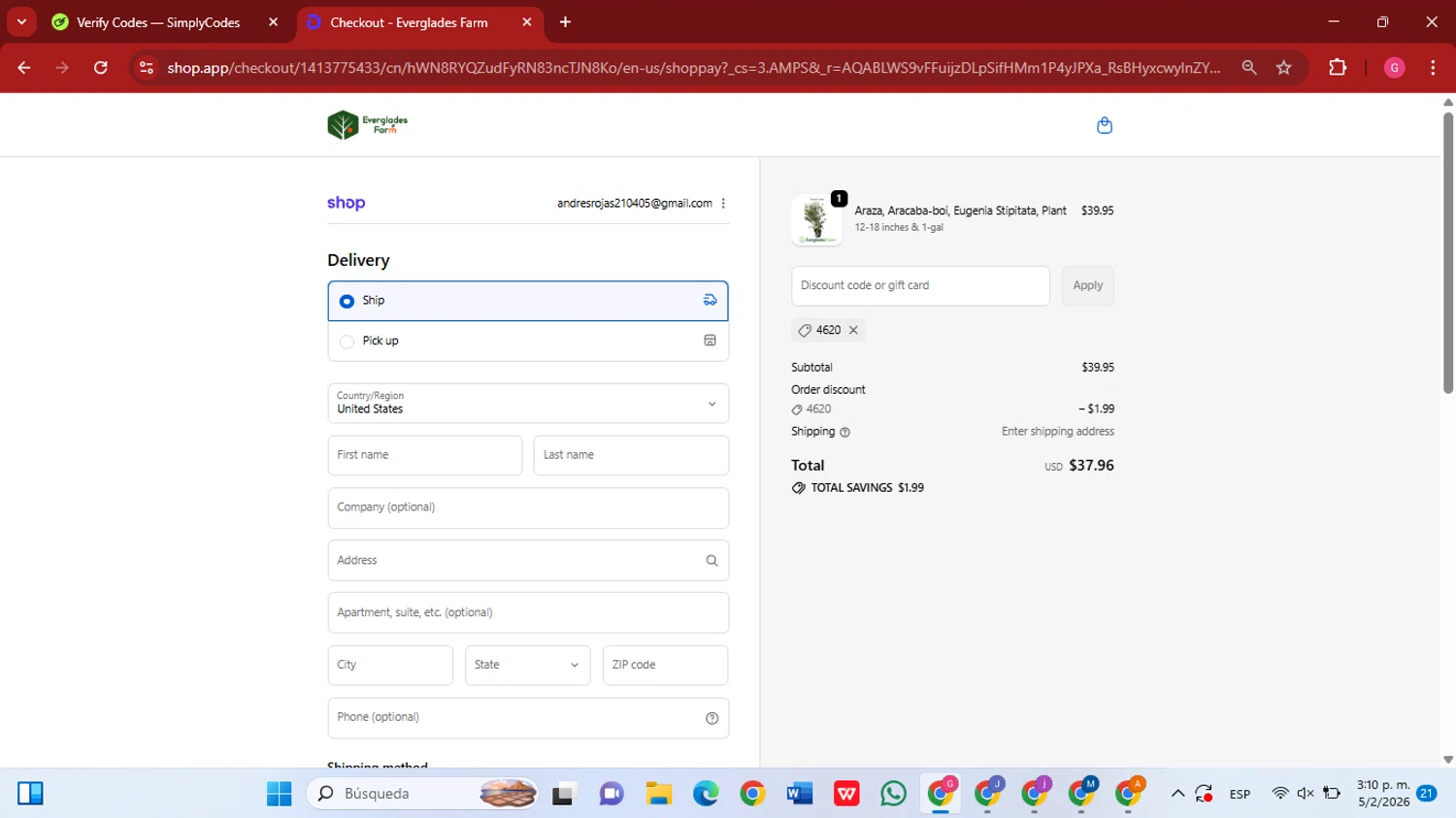 Everglades Farm checkout page showing Everglades Farm discount code box | Screenshot taken by SimplyCodes community member on Feb 5, 2026
