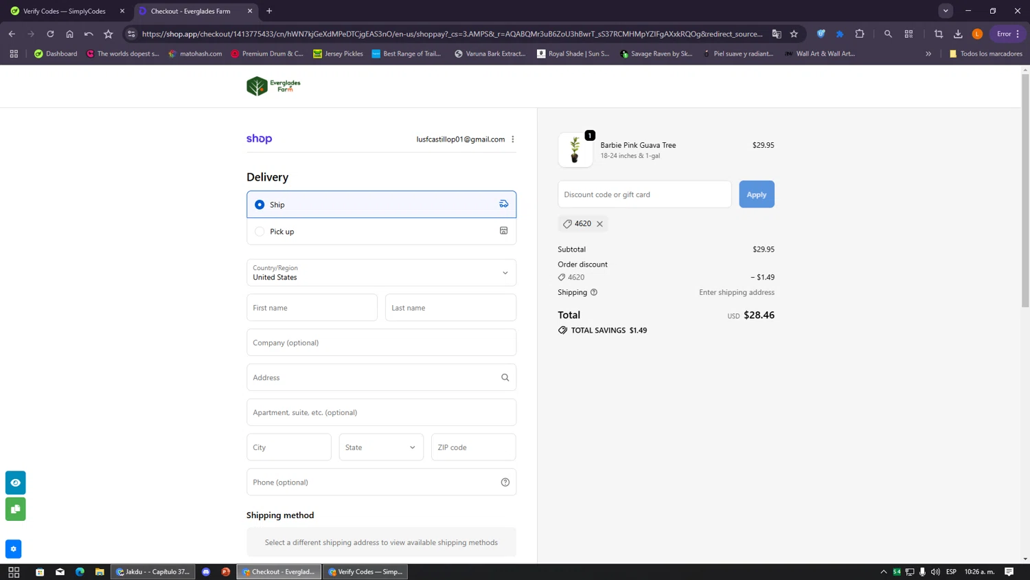 Everglades Farm discount code screenshot showing code 4620 applied at Everglades Farm checkout page. Uploaded by SimplyCodes community member VayneChambeadora on Jan 18, 2026