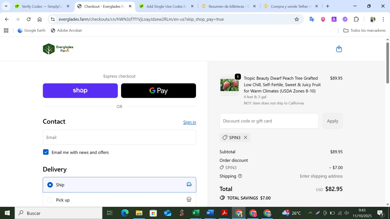 Everglades Farm discount code screenshot showing code SPIN3 applied at Everglades Farm checkout page. Uploaded by SimplyCodes community member NobleMonarch5837 on Oct 11, 2025