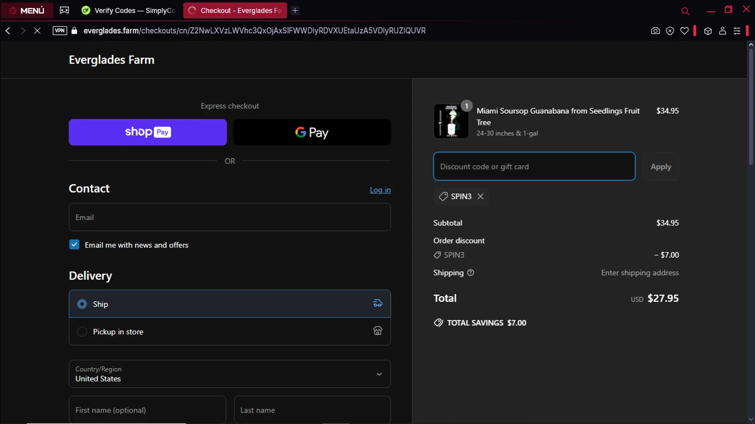 Everglades Farm discount code screenshot showing code SPIN3 applied at Everglades Farm checkout page. Uploaded by SimplyCodes community member ExtraordinaryPioneer5969 on Apr 2, 2025