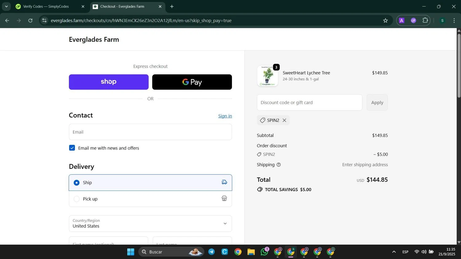 Everglades Farm discount code screenshot showing code spin2 applied at Everglades Farm checkout page. Uploaded by SimplyCodes community member SaleHunter9008 on Sep 21, 2025