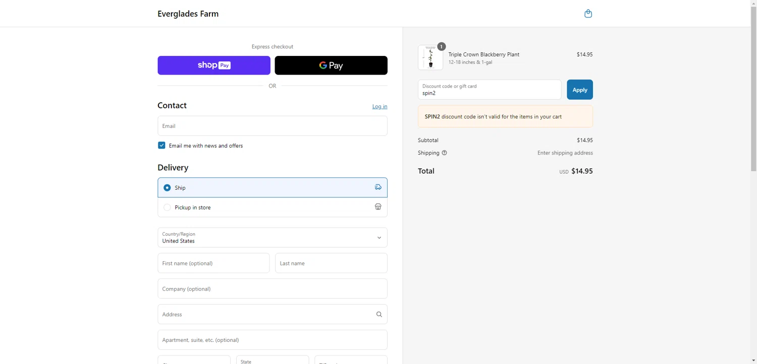 Everglades Farm discount code screenshot showing code spin2 applied at Everglades Farm checkout page. Uploaded by SimplyCodes community member SilverChaser3269 on May 24, 2025