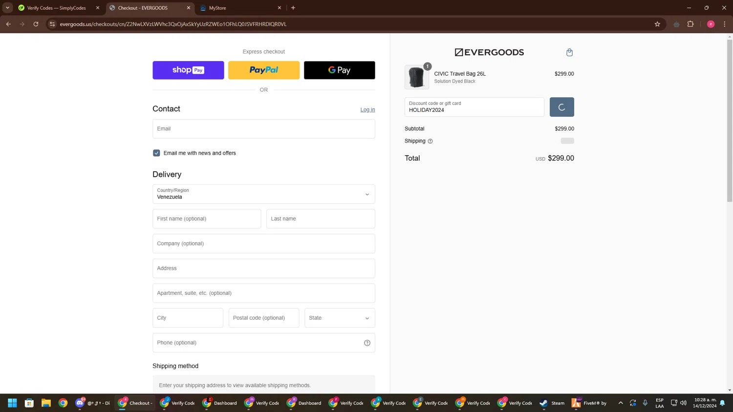 Evergoods checkout page showing Evergoods discount code box | Screenshot taken by SimplyCodes community member on Dec 14, 2024