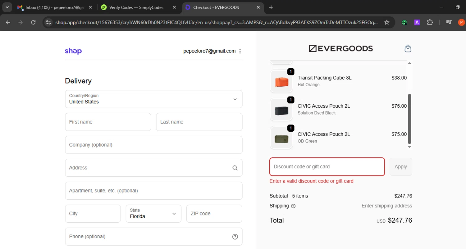 Evergoods discount code screenshot showing code POUCH applied at Evergoods checkout page. Uploaded by SimplyCodes community member Eminem on Dec 3, 2025