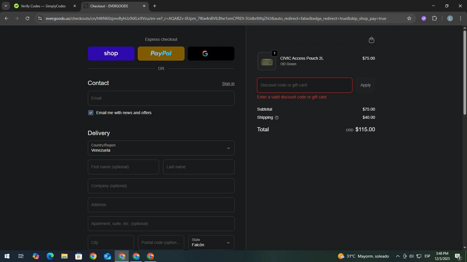 Evergoods discount code screenshot showing code POUCH applied at Evergoods checkout page. Uploaded by SimplyCodes community member USERR1 on Dec 3, 2025