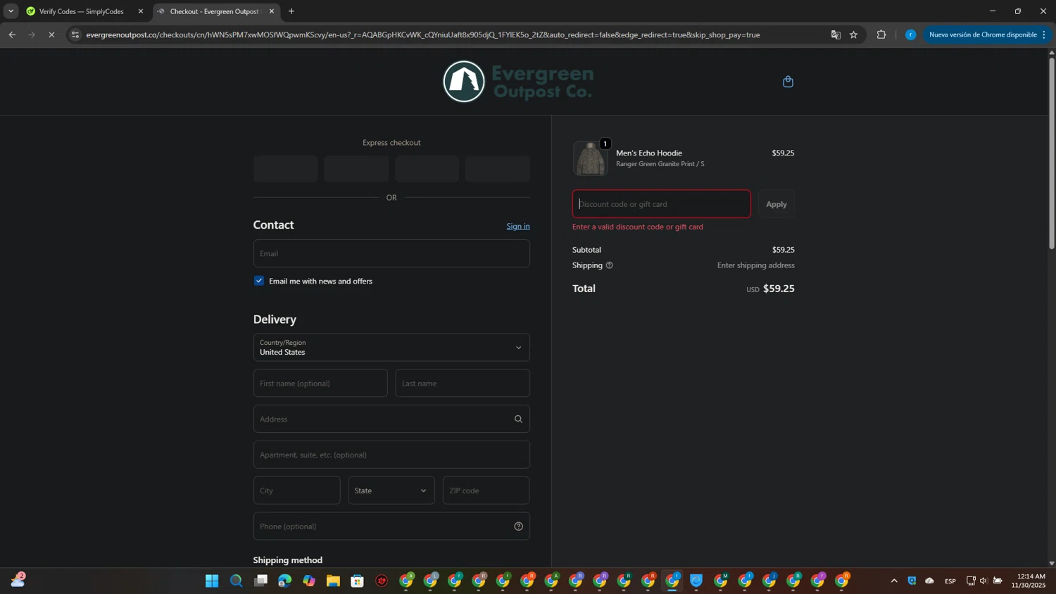 Evergreen Outpost promo code screenshot showing code WELCOME15 applied at Evergreen Outpost checkout page. Uploaded by SimplyCodes community member CouponPhoenix3444 on Nov 30, 2025