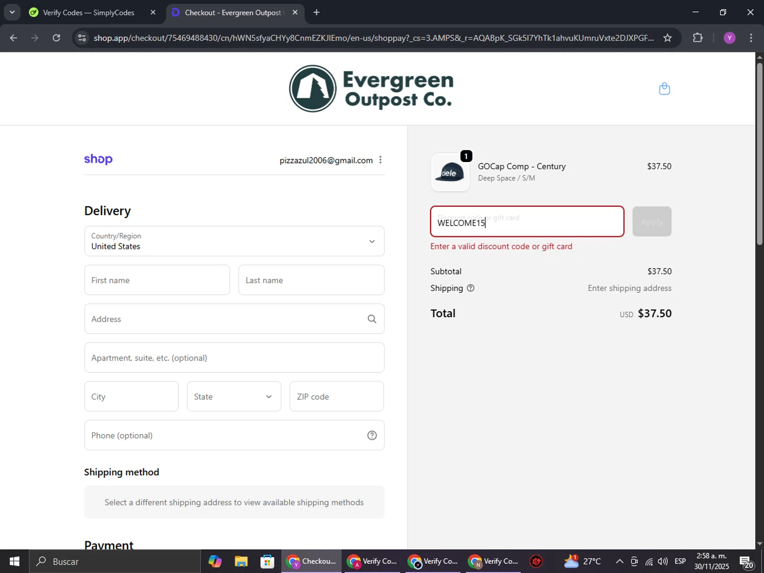 Evergreen Outpost promo code screenshot showing code WELCOME15 applied at Evergreen Outpost checkout page. Uploaded by SimplyCodes community member ExtraordinaryHunter3076 on Nov 30, 2025