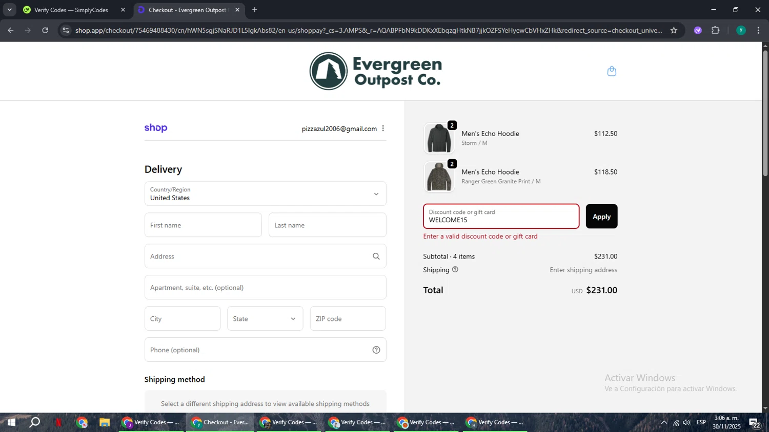Evergreen Outpost promo code screenshot showing code WELCOME15 applied at Evergreen Outpost checkout page. Uploaded by SimplyCodes community member FrugalCaptain6906 on Nov 30, 2025