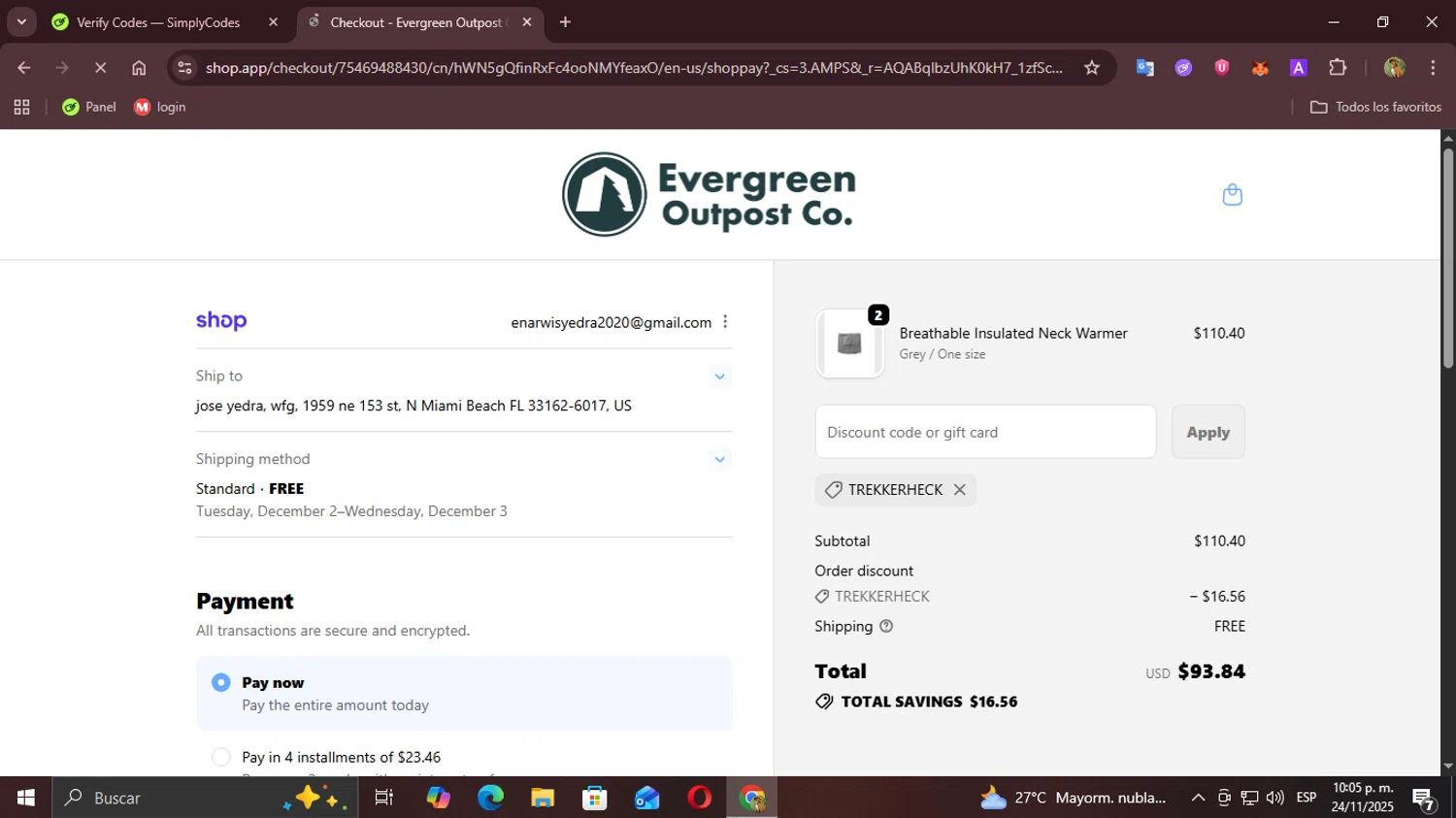 Evergreen Outpost promo code screenshot showing code TREKKERHECK applied at Evergreen Outpost checkout page. Uploaded by SimplyCodes community member Demogorgon on Nov 25, 2025