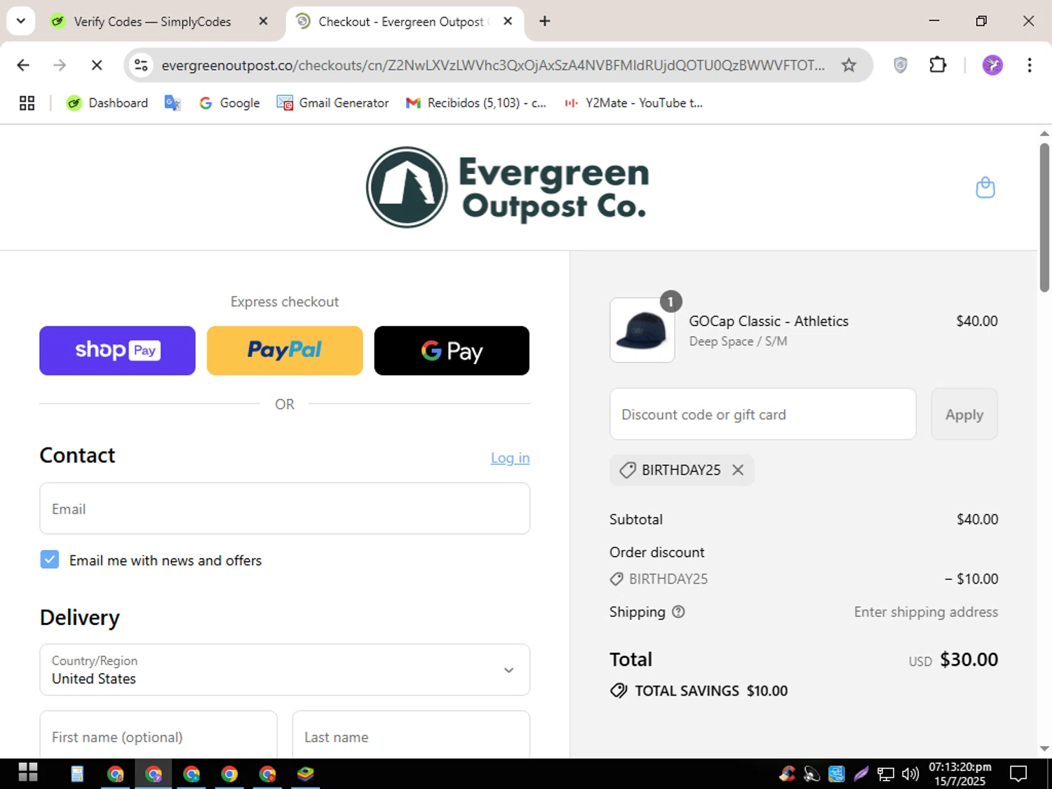Evergreen Outpost promo code screenshot showing code BIRTHDAY25 applied at Evergreen Outpost checkout page. Uploaded by SimplyCodes community member CouponSentinel5832 on Jul 15, 2025