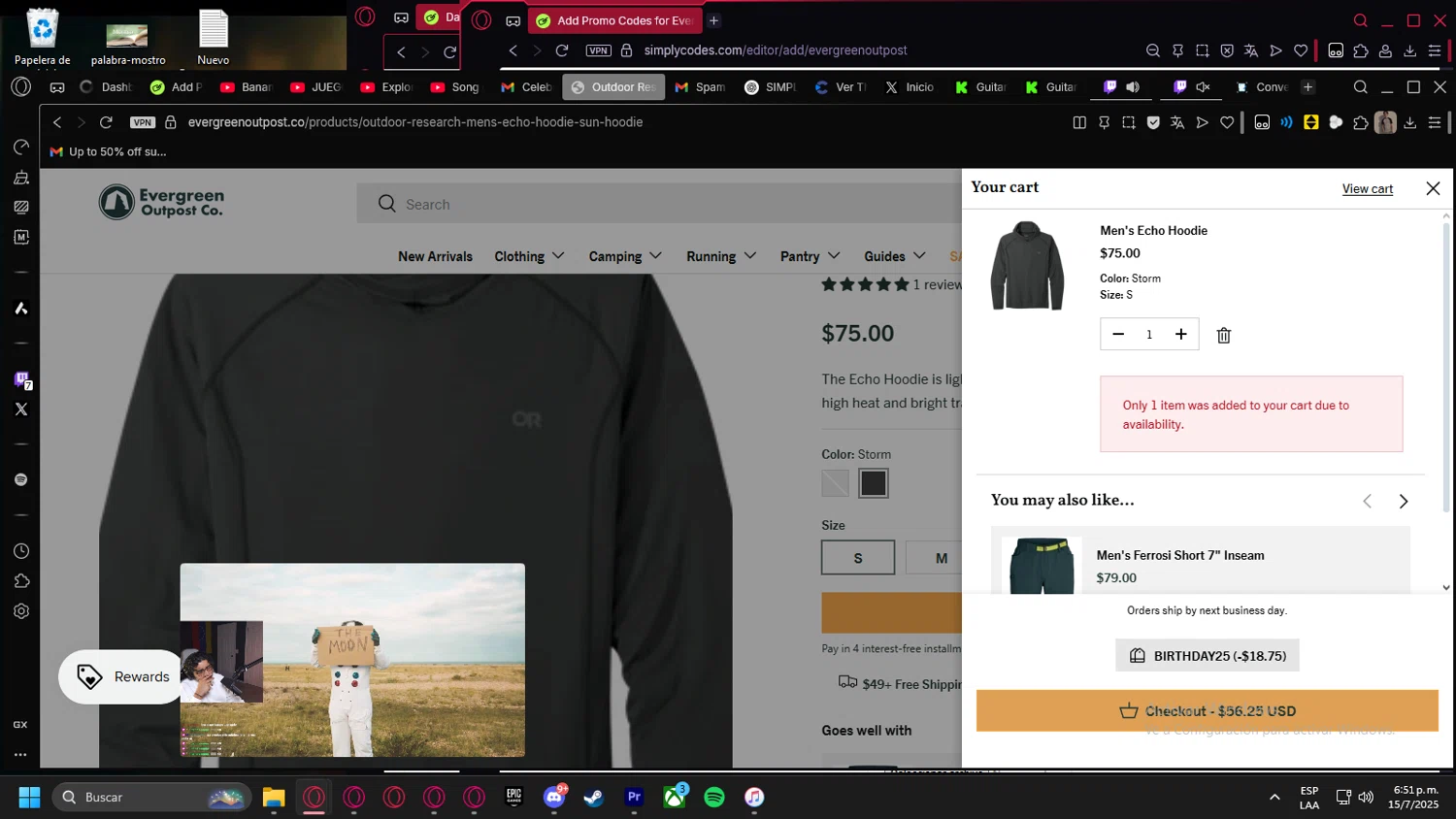 Evergreen Outpost promo code screenshot showing code BIRTHDAY25 applied at Evergreen Outpost checkout page. Uploaded by SimplyCodes community member Billyyou on Jul 15, 2025
