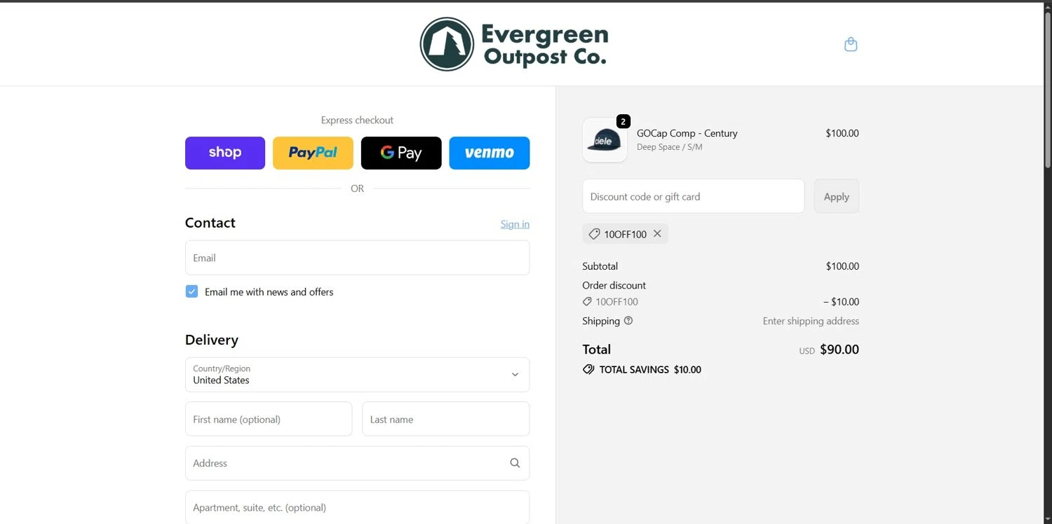 Evergreen Outpost promo code screenshot showing code 10off100 applied at Evergreen Outpost checkout page. Uploaded by SimplyCodes community member Depressive on Nov 26, 2025