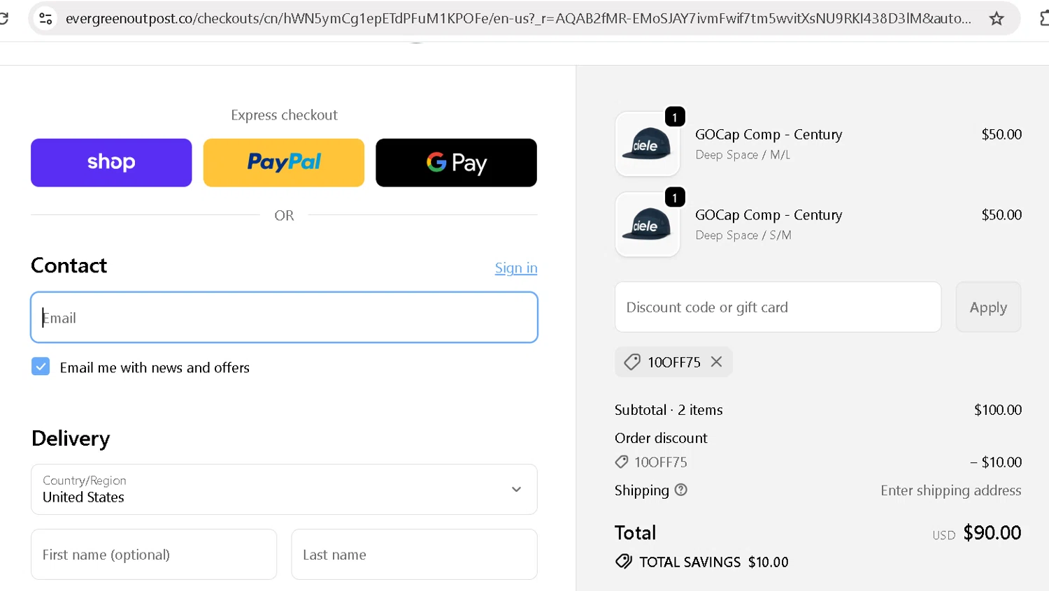 Evergreen Outpost promo code screenshot showing code 10off75 applied at Evergreen Outpost checkout page. Uploaded by SimplyCodes community member Logoteam on Dec 2, 2025