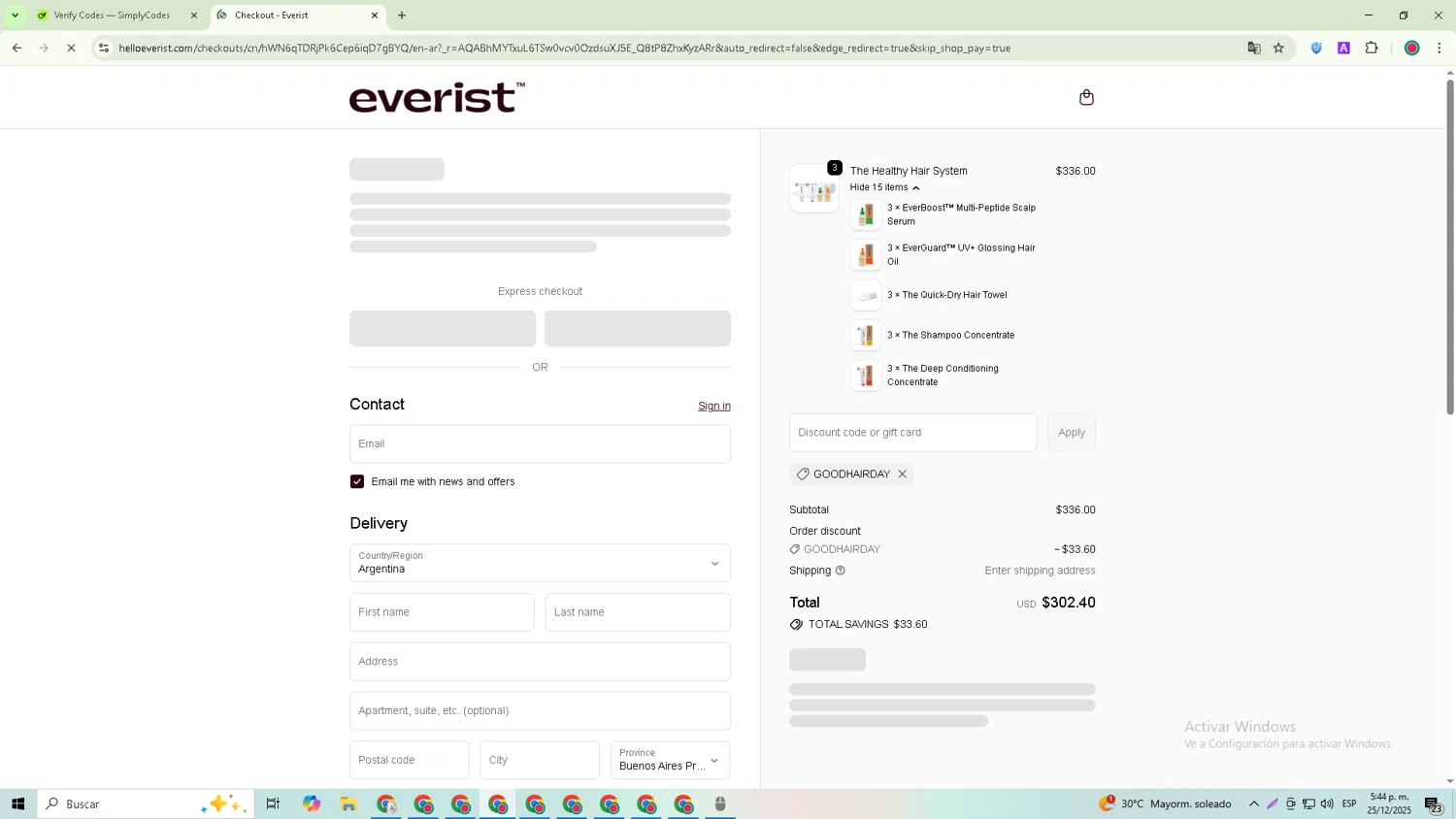 Everist promo code screenshot showing code GOODHAIRDAY applied at Everist checkout page. Uploaded by SimplyCodes community member William_Jones on Dec 25, 2025