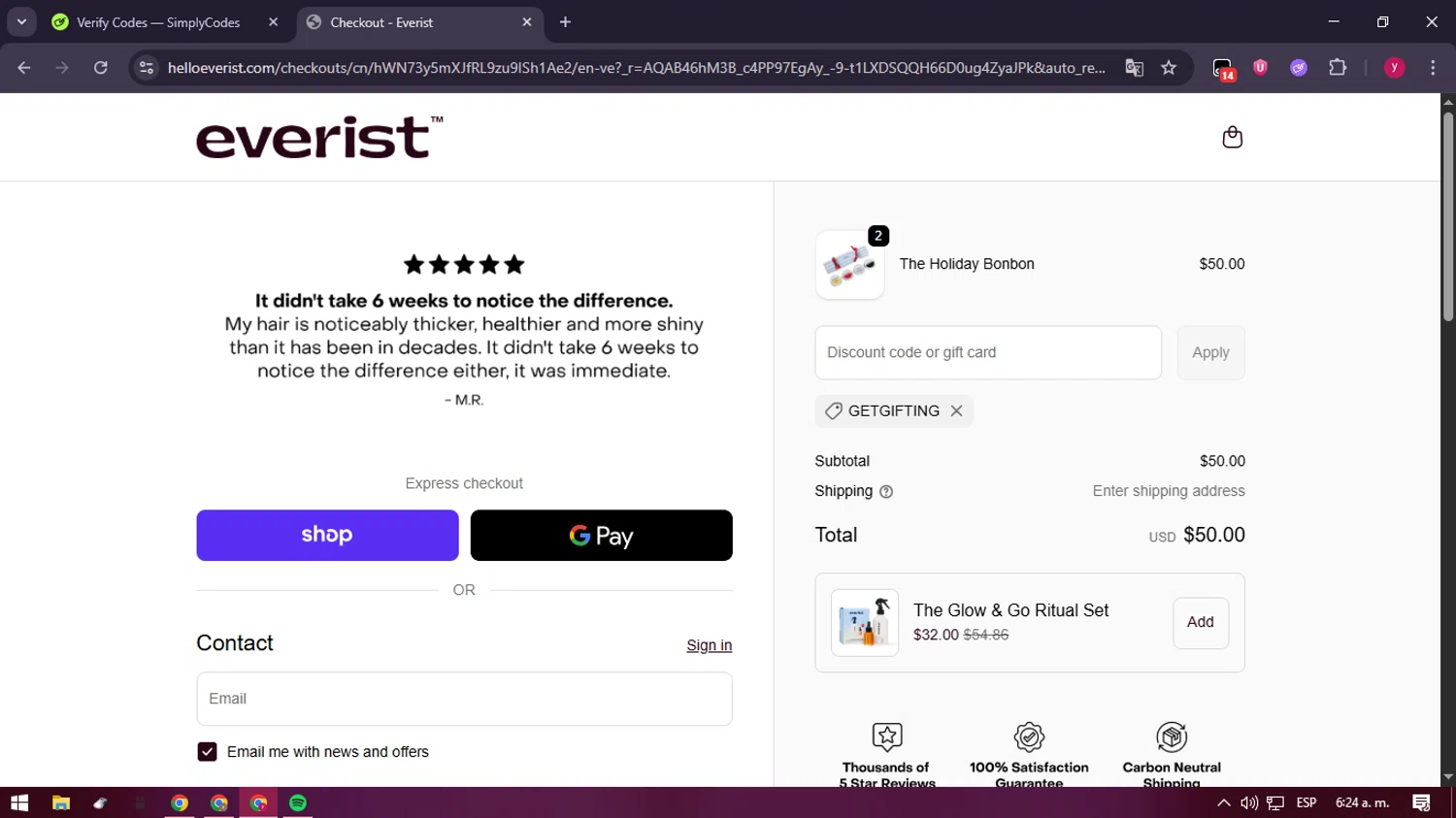 Everist promo code screenshot showing code GETGIFTING applied at Everist checkout page. Uploaded by SimplyCodes community member ValiantFox2134 on Dec 31, 2025