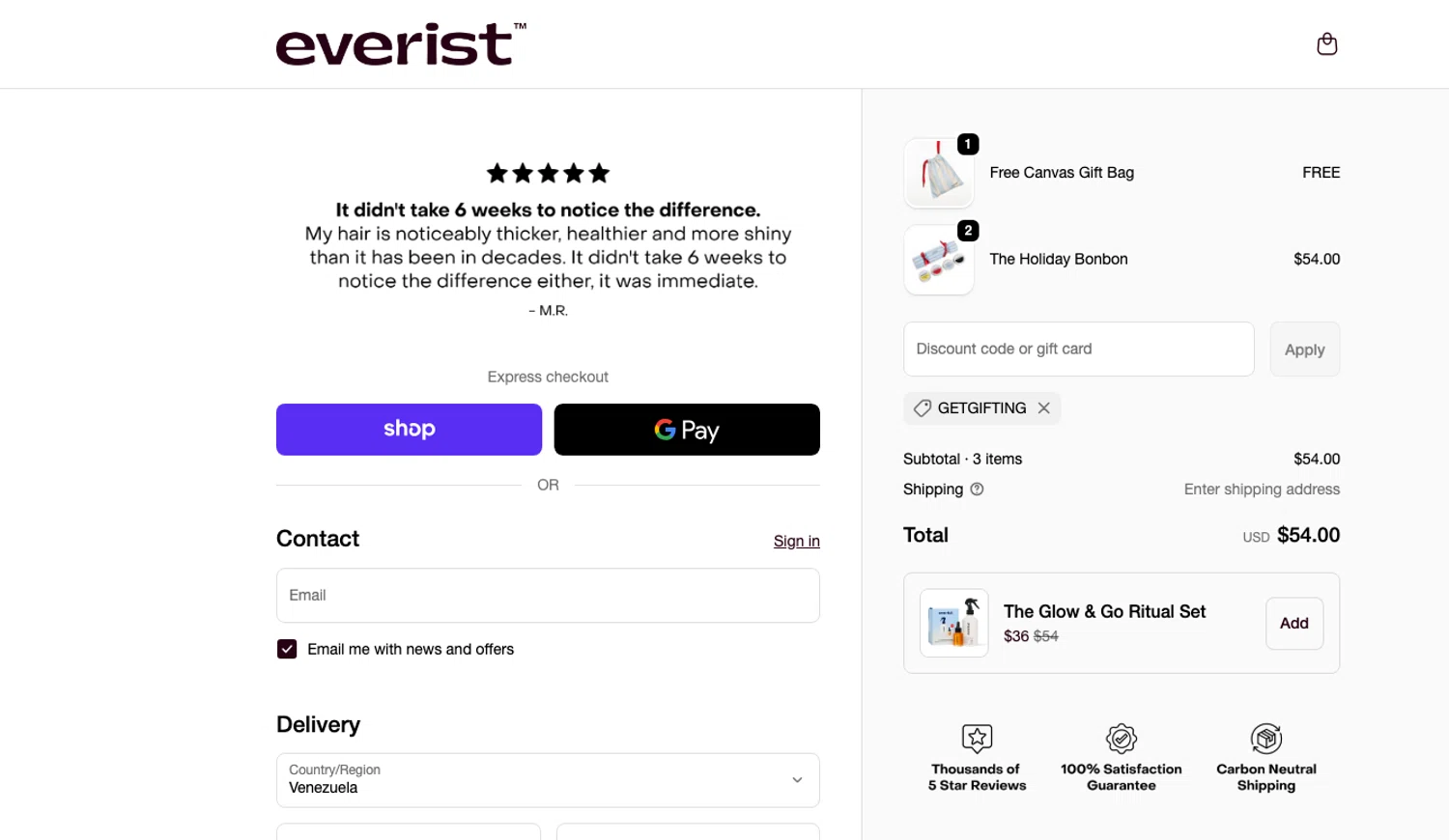Everist promo code screenshot showing code GETGIFTING applied at Everist checkout page. Uploaded by SimplyCodes community member ELOIN777 on Dec 13, 2025