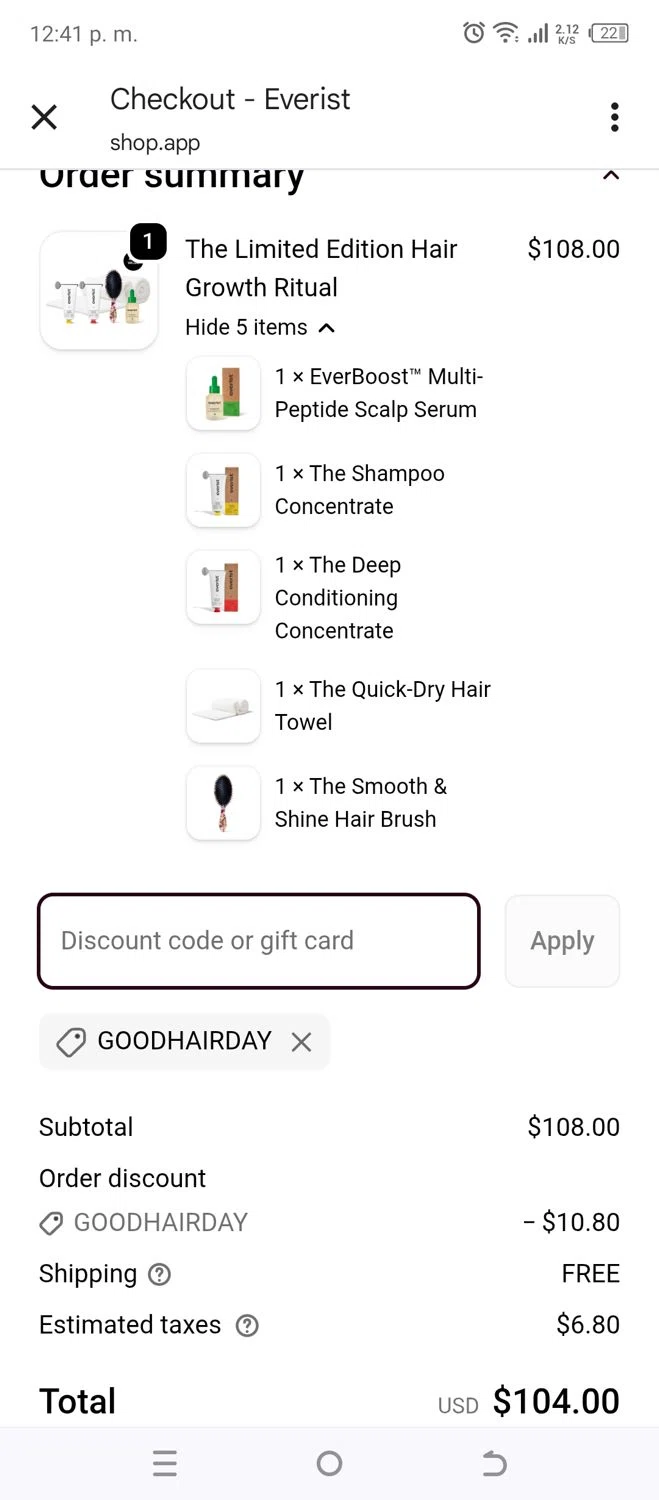 Everist promo code screenshot showing code GOODHAIRDAY applied at Everist checkout page. Uploaded by SimplyCodes community member MoneyRanger9663 on Dec 25, 2025