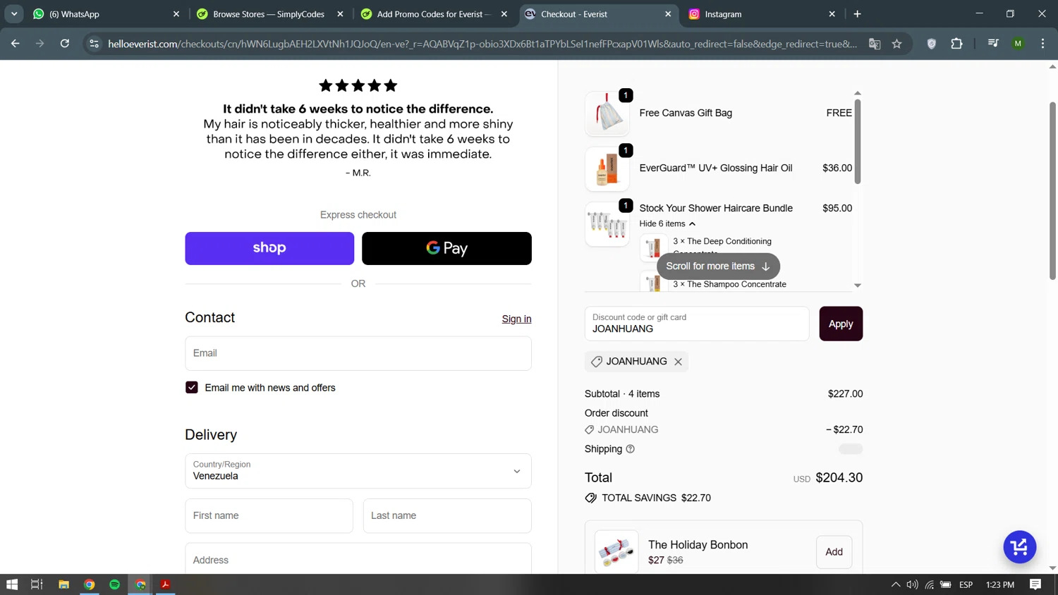 Everist promo code screenshot showing code JOANHUANG applied at Everist checkout page. Uploaded by SimplyCodes community member becomeaware on Dec 12, 2025