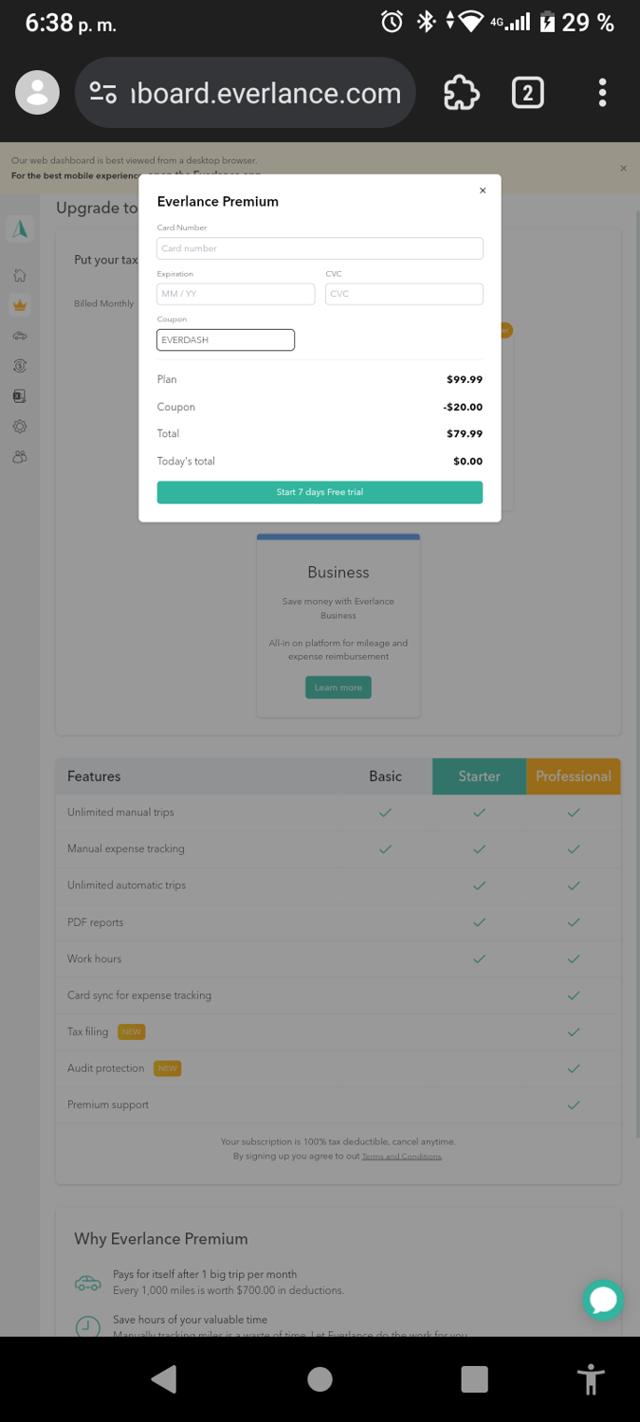 Everlance checkout page showing Everlance promo code box | Screenshot taken by SimplyCodes community member on Jan 27, 2025