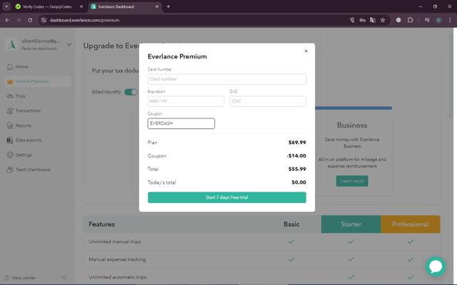 Everlance checkout page showing Everlance promo code box | Screenshot taken by SimplyCodes community member on Jan 14, 2025