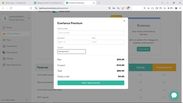 Everlance checkout page showing Everlance promo code box | Screenshot taken by SimplyCodes community member on Jan 17, 2025