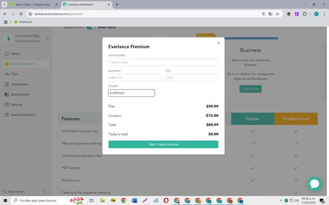 Everlance checkout page showing Everlance promo code box | Screenshot taken by SimplyCodes community member on Feb 17, 2025