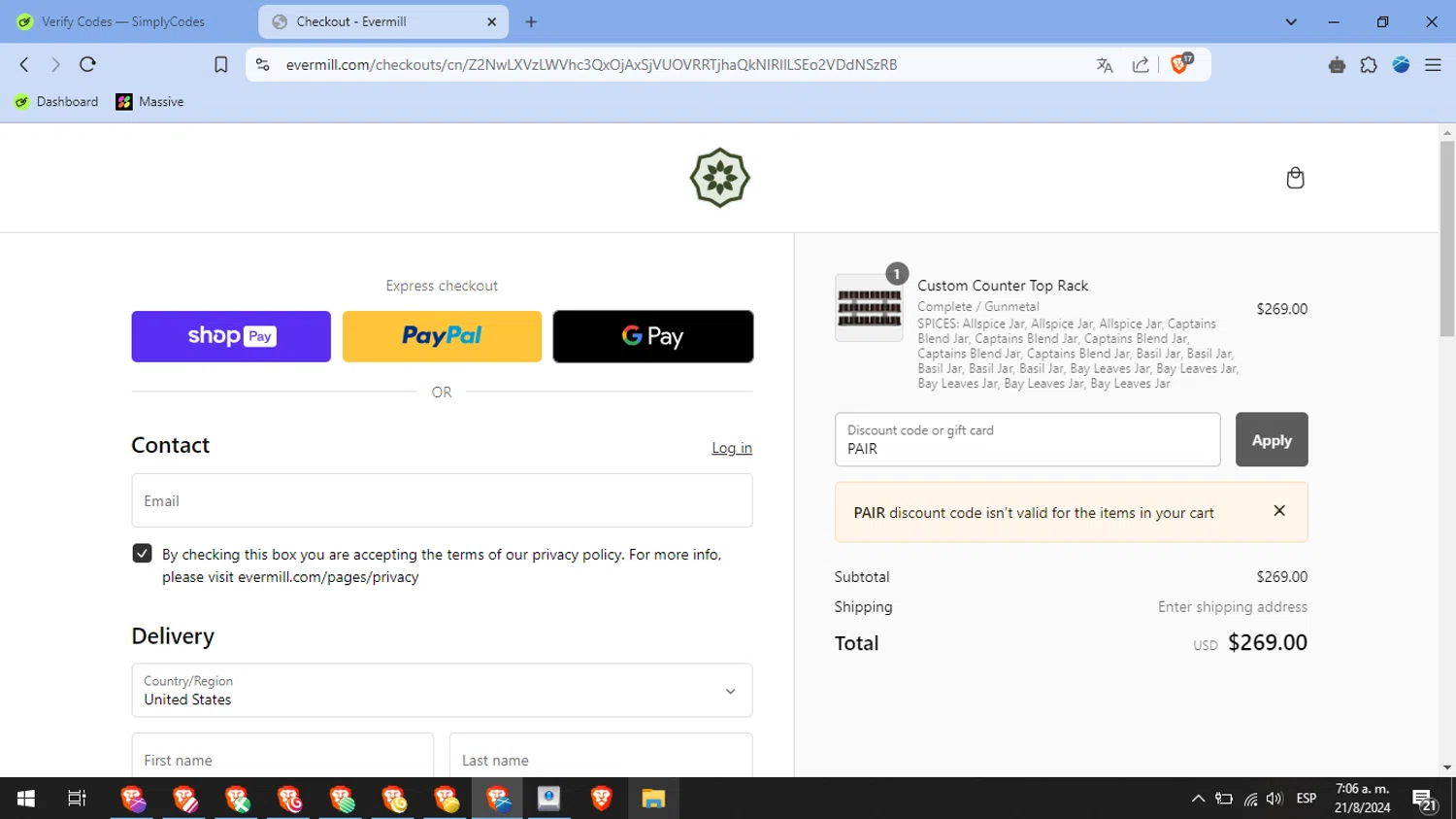 where to use Evermill promo code box