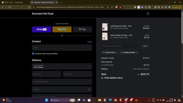 Evermore Pet Food checkout page showing Evermore Pet Food discount code box | Screenshot taken by SimplyCodes community member on Jul 28, 2025