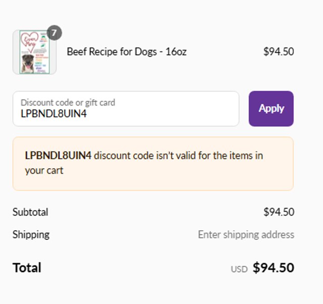 Evermore Pet Food checkout page showing Evermore Pet Food discount code box | Screenshot taken by SimplyCodes community member on Jul 25, 2025