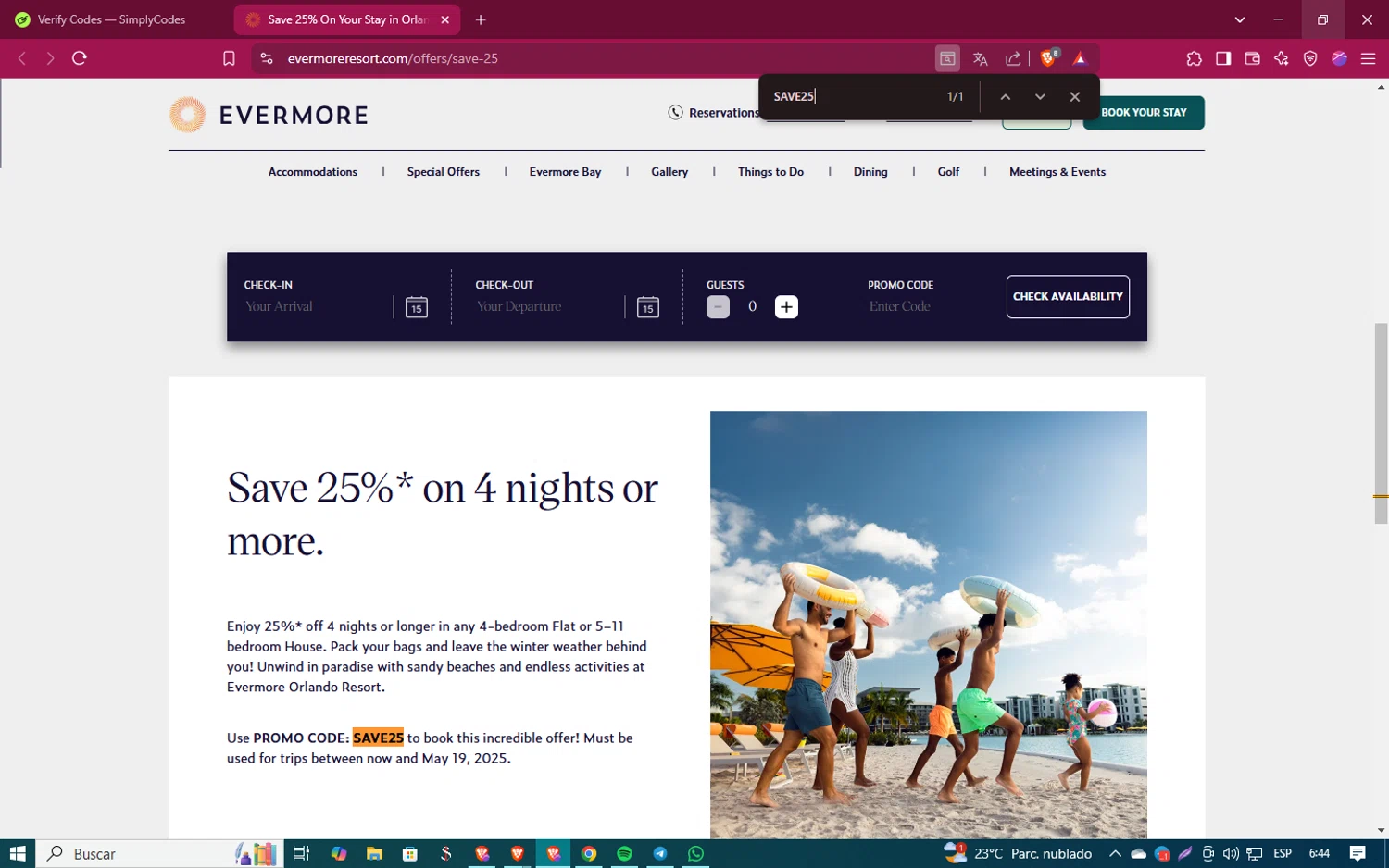 Evermore Orlando Resort promo code screenshot showing code SAVE25 applied at Evermore Orlando Resort checkout page. Uploaded by SimplyCodes community member ShinazugawaSanemi on Feb 21, 2025