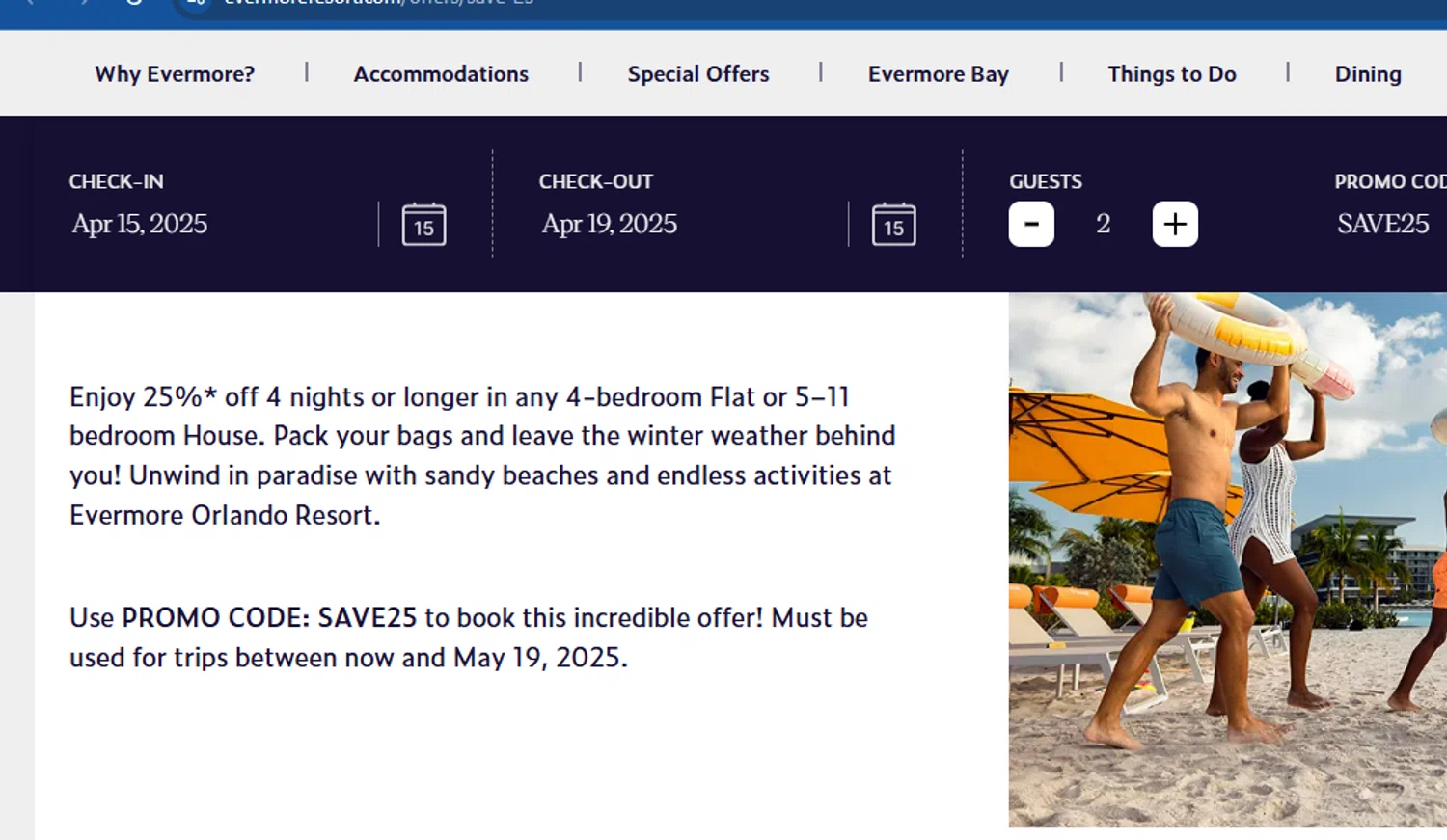 Evermore Orlando Resort promo code screenshot showing code SAVE25 applied at Evermore Orlando Resort checkout page. Uploaded by SimplyCodes community member FrugalVirtuoso6318 on Mar 22, 2025