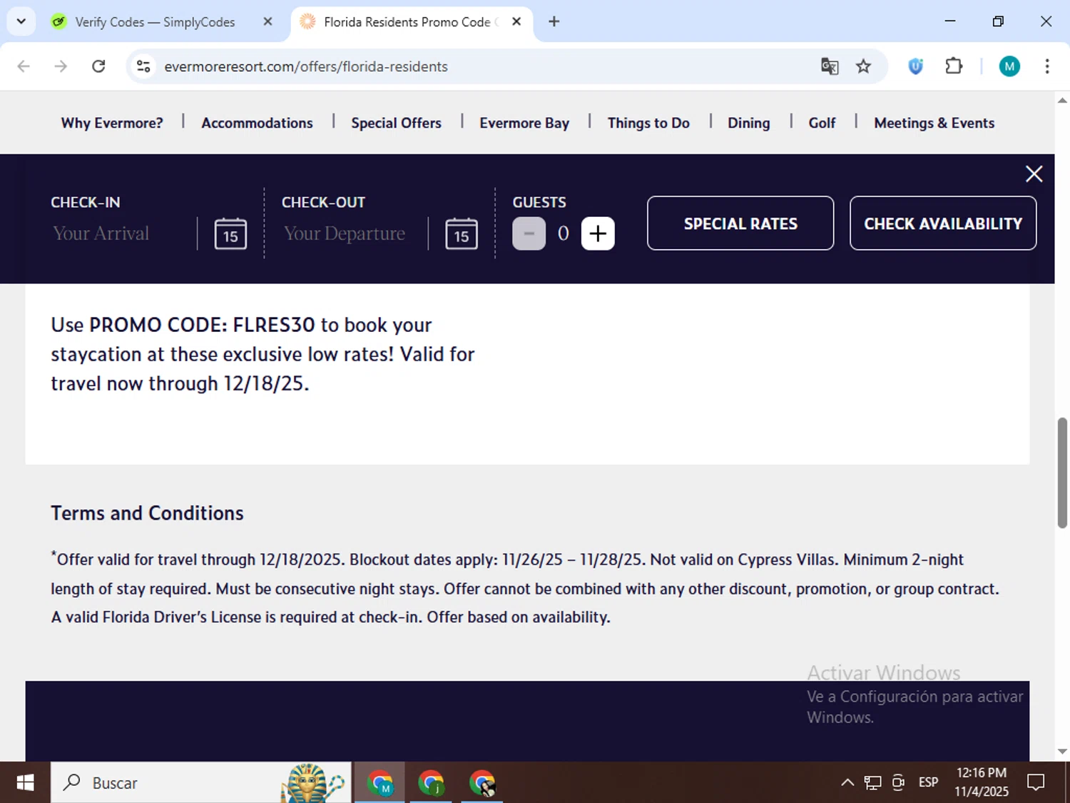 Evermore Orlando Resort promo code screenshot showing code FLRES30 applied at Evermore Orlando Resort checkout page. Uploaded by SimplyCodes community member estrellaveloz on Nov 4, 2025