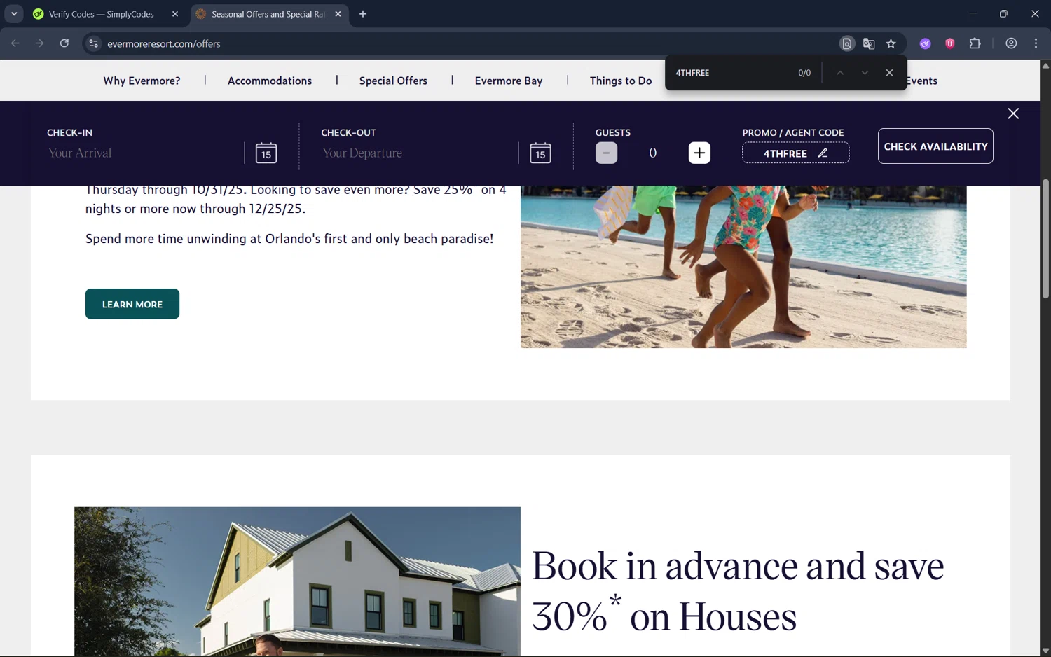 Evermore Orlando Resort promo code screenshot showing code 4THFREE applied at Evermore Orlando Resort checkout page. Uploaded by SimplyCodes community member juan1702 on Aug 16, 2025