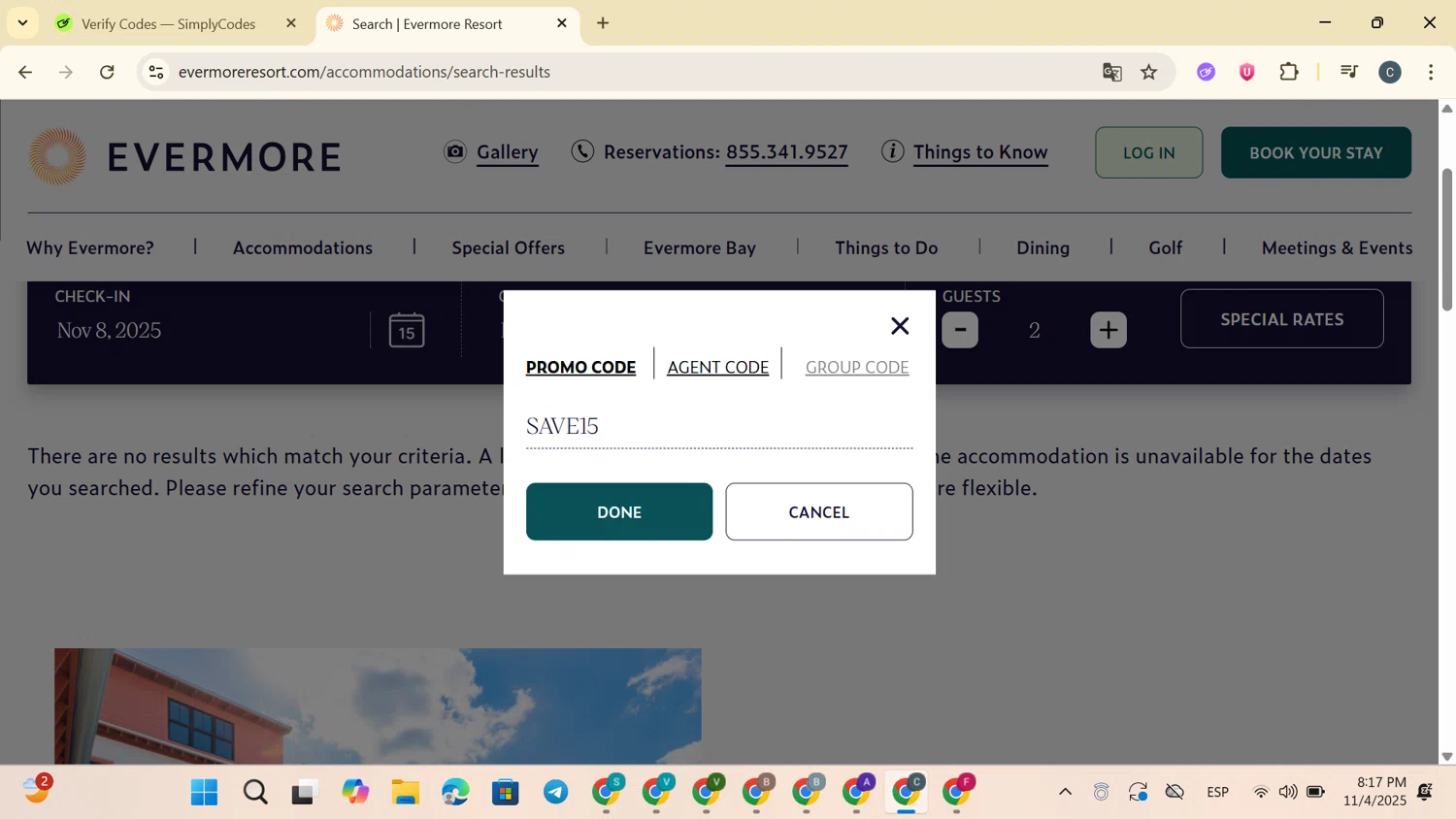 Evermore Orlando Resort checkout page showing Evermore Orlando Resort promo code box | Screenshot taken by SimplyCodes community member on Nov 5, 2025