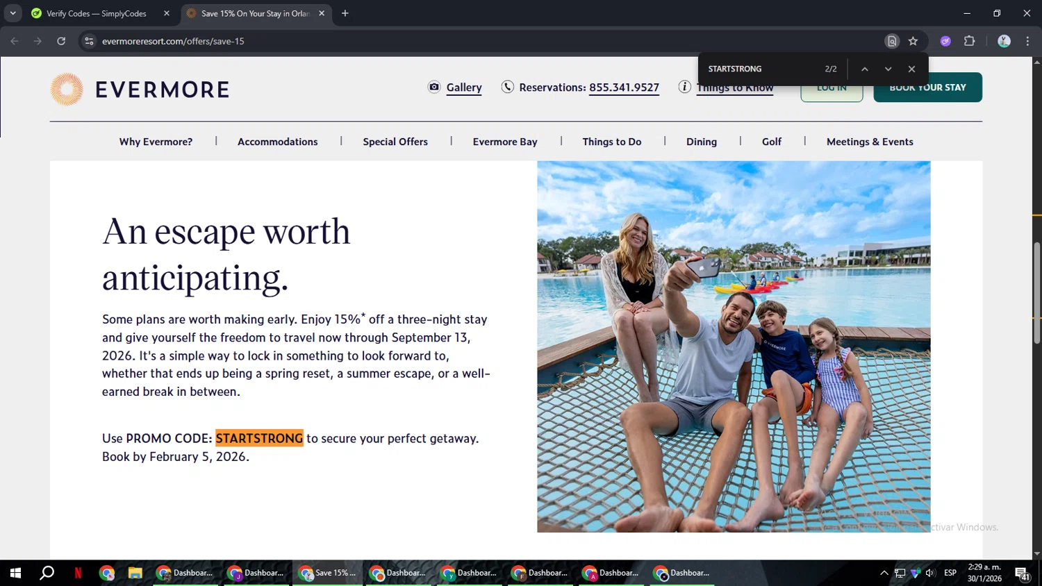 Evermore Orlando Resort promo code screenshot showing code STARTSTRONG applied at Evermore Orlando Resort checkout page. Uploaded by SimplyCodes community member ShrewdSeeker6165 on Jan 30, 2026