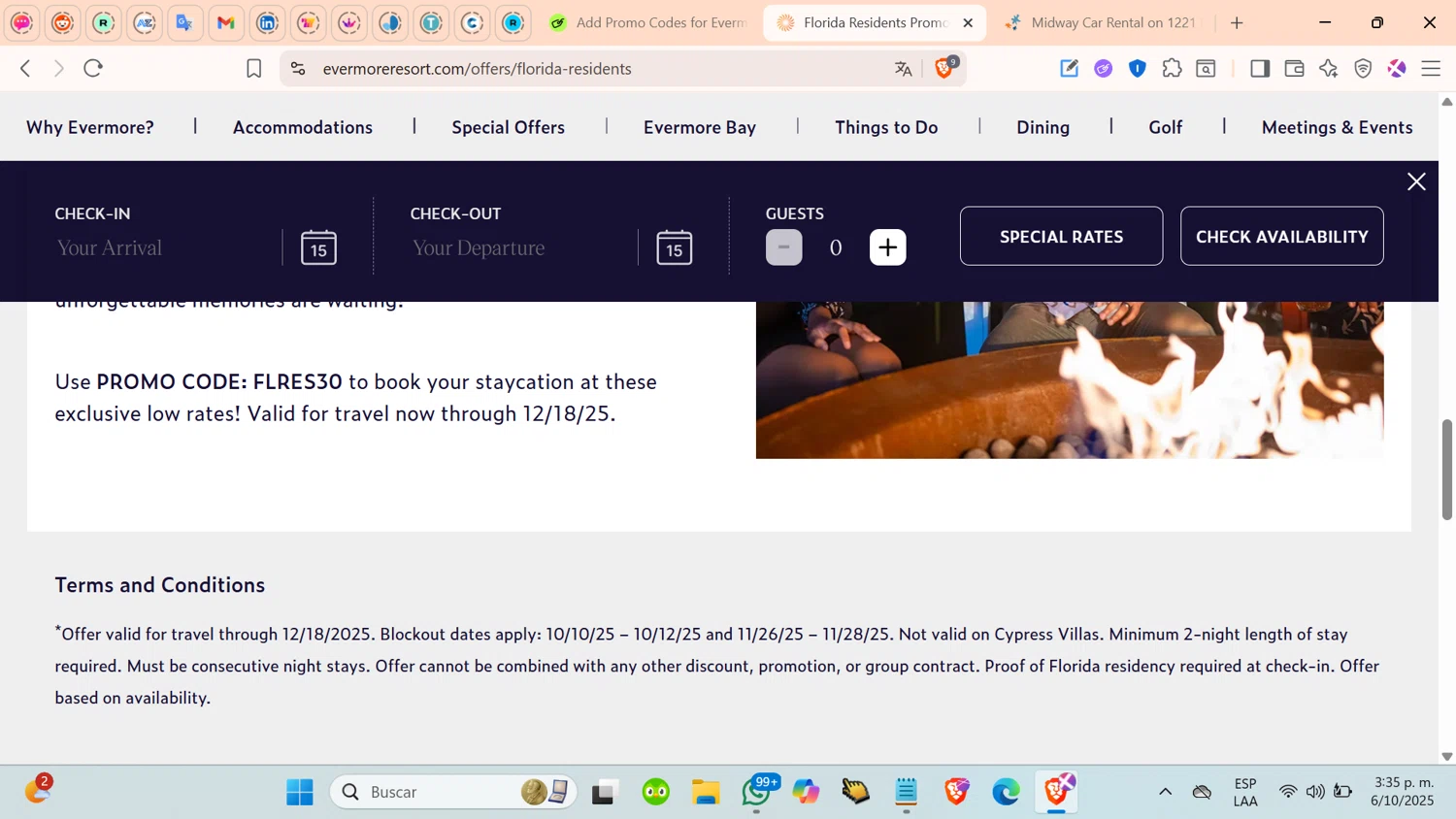 Evermore Orlando Resort promo code screenshot showing code FLRES30 applied at Evermore Orlando Resort checkout page. Uploaded by SimplyCodes community member cosita on Oct 6, 2025