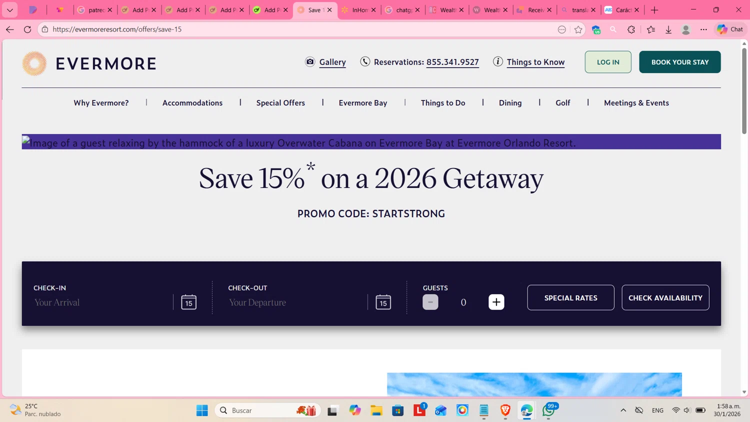 Evermore Orlando Resort promo code screenshot showing code STARTSTRONG applied at Evermore Orlando Resort checkout page. Uploaded by SimplyCodes community member cosita on Jan 30, 2026